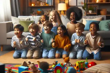 alt_text: A diverse group of children happily watching a vibrant smart TV in a cozy, toy-filled living room.