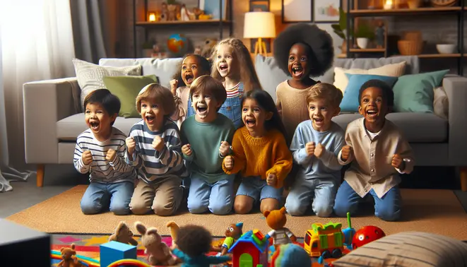 alt_text: A diverse group of children happily watching a vibrant smart TV in a cozy, toy-filled living room.