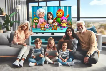 alt_text: A diverse family enjoys kid-friendly IPTV on a TV and tablet in a modern living room, with a playful magazine cover layout.