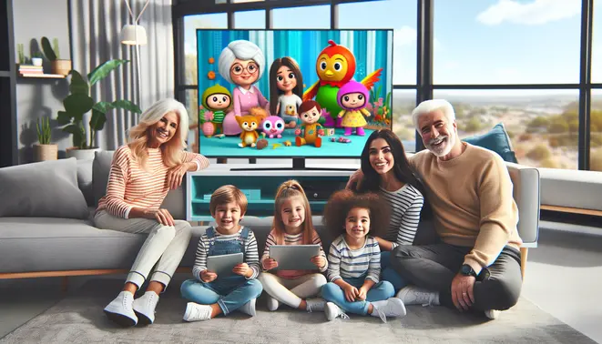 alt_text: A diverse family enjoys kid-friendly IPTV on a TV and tablet in a modern living room, with a playful magazine cover layout.