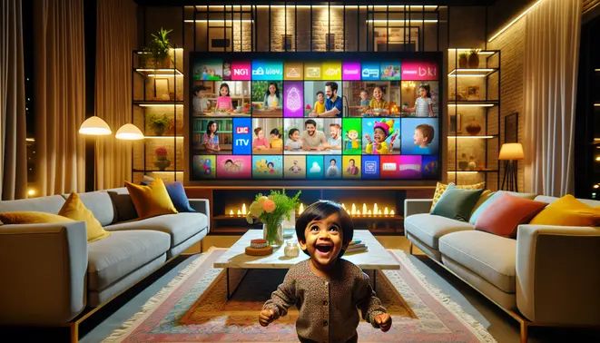 A happy child in a modern living room explores a colorful grid of kids' shows on a large TV, representing a family-friendly IPTV guide.
