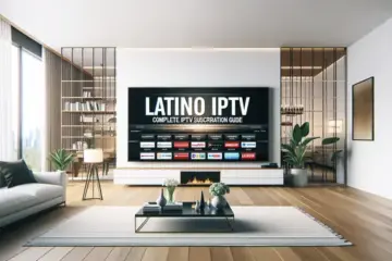 alt_text: A modern living room with a large TV displaying Latino channels. The cover title reads "Latino IPTV – Complete IPTV Subscription Guide."