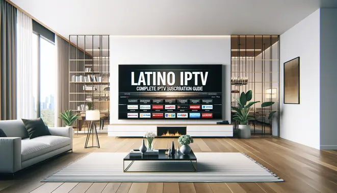 alt_text: A modern living room with a large TV displaying Latino channels. The cover title reads "Latino IPTV – Complete IPTV Subscription Guide."