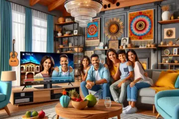 alt_text: A Latino family enjoys streaming Latin American shows on a large smart TV in their modern, culturally decorated living room.
