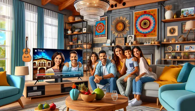 alt_text: A Latino family enjoys streaming Latin American shows on a large smart TV in their modern, culturally decorated living room.