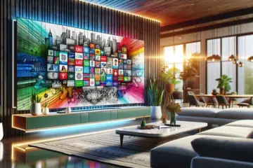 A sleek TV displaying a grid of Latin American channels in a modern living room, with cultural flags integrated.