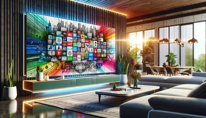 A sleek TV displaying a grid of Latin American channels in a modern living room, with cultural flags integrated.