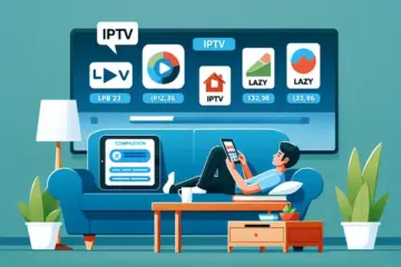alt_text: A person on a sofa reviews the Lazy IPTV app on a large TV, with a tablet showing app comparisons on the table.