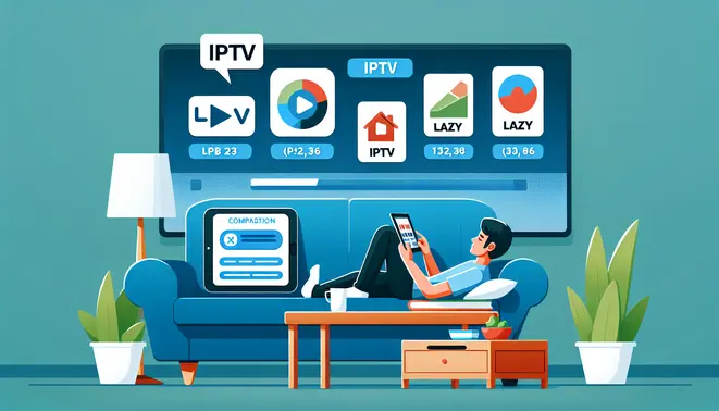 alt_text: A person on a sofa reviews the Lazy IPTV app on a large TV, with a tablet showing app comparisons on the table.