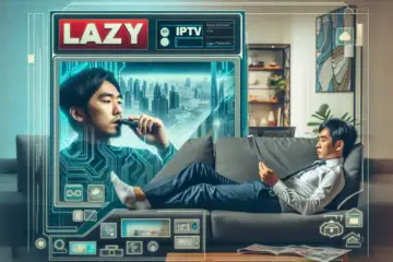 alt_text: A person on a couch reviews the Lazy IPTV app on a large smart TV, surrounded by tech, for a magazine cover.