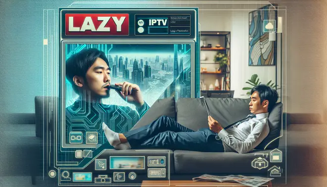 alt_text: A person on a couch reviews the Lazy IPTV app on a large smart TV, surrounded by tech, for a magazine cover.