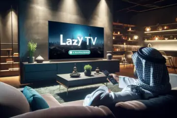 alt_text: A person relaxes on a couch, browsing the Lazy IPTV app on a large TV in a modern living room.