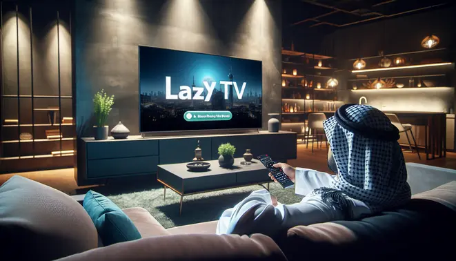 alt_text: A person relaxes on a couch, browsing the Lazy IPTV app on a large TV in a modern living room.