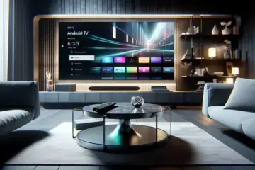 alt_text: A sleek Android TV displays an IPTV guide on its screen in a modern living room, with a remote nearby.