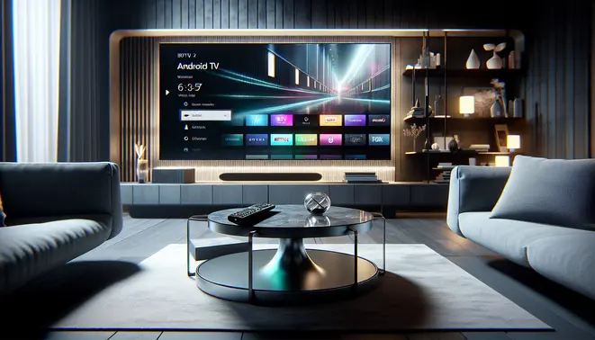 alt_text: A sleek Android TV displays an IPTV guide on its screen in a modern living room, with a remote nearby.