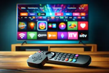 alt_text: A Firestick remote and TV displaying a vibrant IPTV menu, showcasing a complete guide for streaming setup.