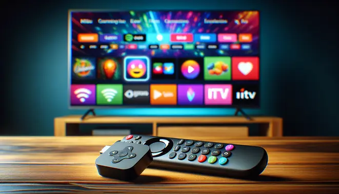 alt_text: A Firestick remote and TV displaying a vibrant IPTV menu, showcasing a complete guide for streaming setup.