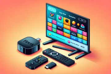 alt_text: A Firestick and remote beside a TV showing a vibrant IPTV interface with M3U playlists for a comprehensive tutorial guide.