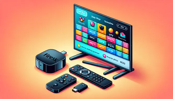 alt_text: A Firestick and remote beside a TV showing a vibrant IPTV interface with M3U playlists for a comprehensive tutorial guide.