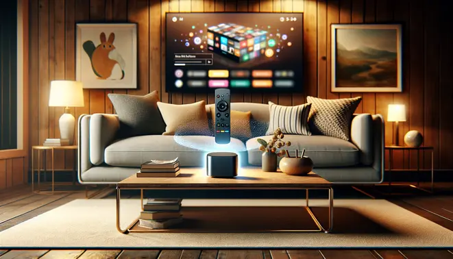 alt_text: Nvidia Shield TV setup guide cover showing the device, remote, and on-screen interface in a cozy living room.