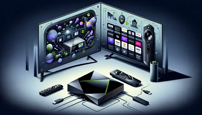 alt_text: A guide showing a complete Nvidia Shield setup with remote, stylishly displayed before a TV showing streaming apps.