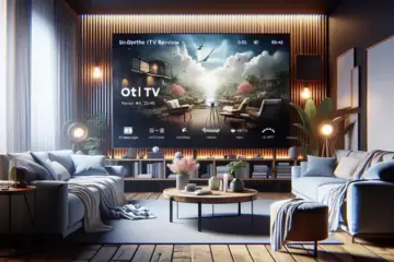 alt_text: A modern living room with a large TV displaying the Ott Navigator app interface, symbolizing an in-depth IPTV review guide.