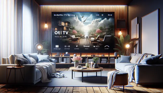 alt_text: A modern living room with a large TV displaying the Ott Navigator app interface, symbolizing an in-depth IPTV review guide.
