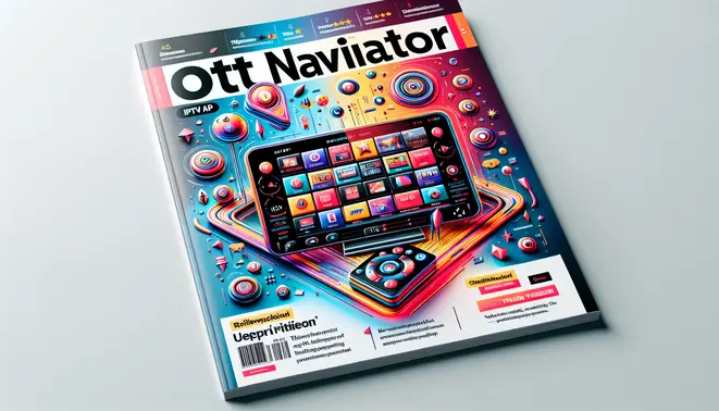 alt_text: A magazine cover reviewing the Ott Navigator IPTV app, featuring a modern TV displaying its interface with streaming icons.