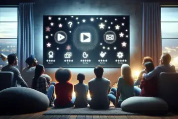 alt_text: A modern living room with people watching a smart TV displaying the Ott Navigator app interface, surrounded by app icons and review ratings.