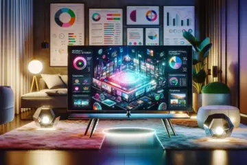 alt_text: A sleek smart TV displaying colorful IPTV apps, surrounded by comparison charts in a modern, stylish living room.