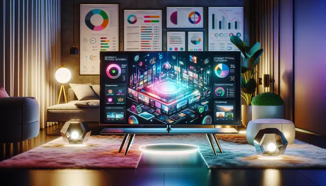 alt_text: A sleek smart TV displaying colorful IPTV apps, surrounded by comparison charts in a modern, stylish living room.