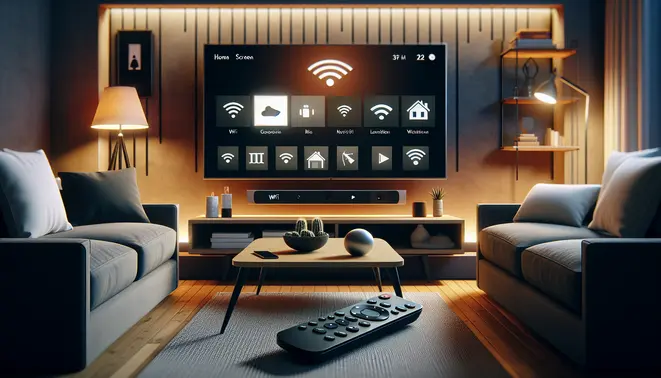 alt_text: A Roku device and remote near a TV showing its home screen, set in a cozy living room with Wi-Fi and streaming icons.