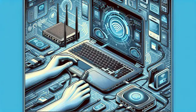 alt_text: A tech guide cover showing hands configuring a router and laptop for IPTV, with network signal overlays and troubleshooting icons.