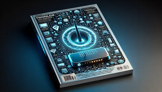 alt_text: A hyper-realistic magazine cover featuring a glowing router, digital icons, and a TV streaming IPTV, focused on troubleshooting guides.