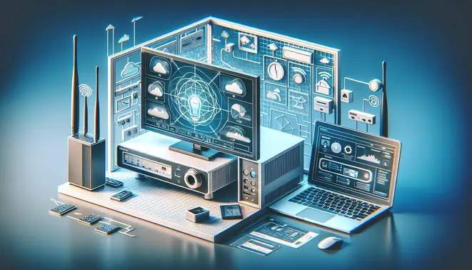 alt_text: A modern router and TV displaying IPTV, with a laptop showing settings. A guide for troubleshooting IPTV connectivity.