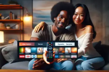 alt_text: A satisfied couple with a remote, watching a vibrant, secure IPTV interface on a smart TV.