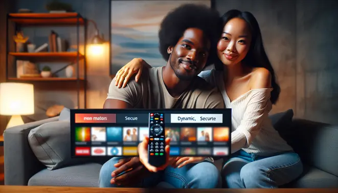 alt_text: A satisfied couple with a remote, watching a vibrant, secure IPTV interface on a smart TV.