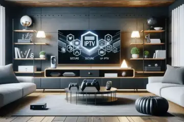 alt_text: A modern living room with a smart TV displaying a secure IPTV interface, surrounded by devices, promoting safe streaming.
