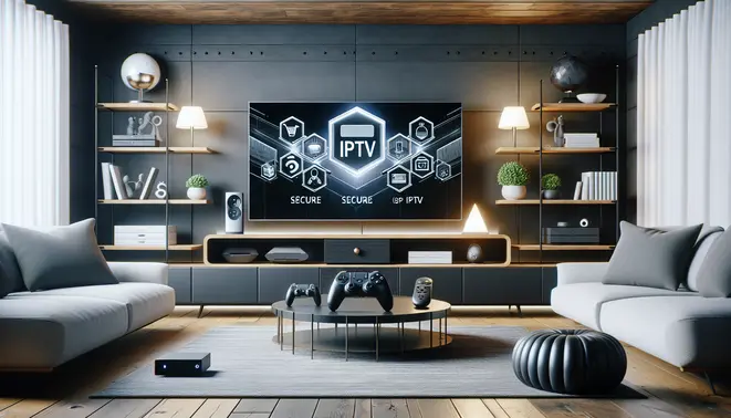 alt_text: A modern living room with a smart TV displaying a secure IPTV interface, surrounded by devices, promoting safe streaming.