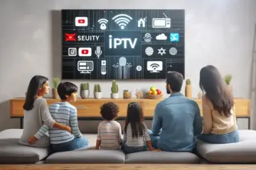 alt_text: A family enjoys TV in a modern living room, with streaming icons on-screen and subtle security symbols, promoting safe IPTV.