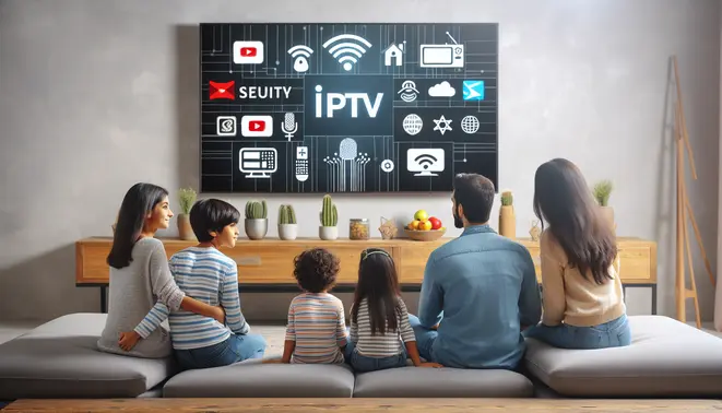 alt_text: A family enjoys TV in a modern living room, with streaming icons on-screen and subtle security symbols, promoting safe IPTV.