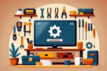 alt_text: A cozy living room with a TV showing a buffering icon, surrounded by repair tools and a coffee mug.