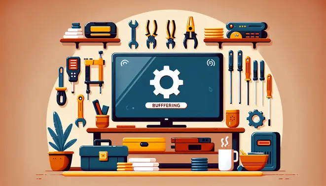 alt_text: A cozy living room with a TV showing a buffering icon, surrounded by repair tools and a coffee mug.