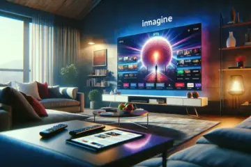 alt_text: A modern living room with a smart TV displaying a vivid IPTV app interface, a remote, and a tablet showing reviews.