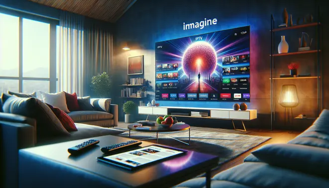 alt_text: A modern living room with a smart TV displaying a vivid IPTV app interface, a remote, and a tablet showing reviews.