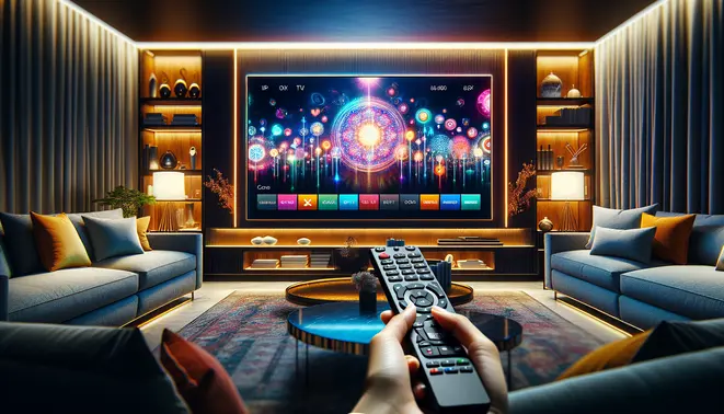 alt_text: A modern living room scene with a smart TV displaying a vibrant IPTV app interface, a hand holding a remote.