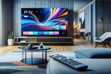 Alt_text: A smart TV in a modern living room displays a vibrant IPTV interface, with a remote on a coffee table.
