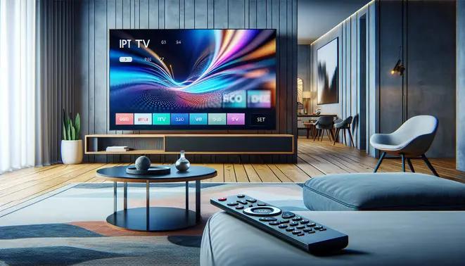 Alt_text: A smart TV in a modern living room displays a vibrant IPTV interface, with a remote on a coffee table.