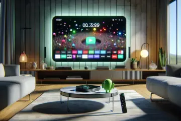 alt_text: A modern living room with a large Smart TV displaying a vibrant IPTV interface, an Android TV device, and a remote control.