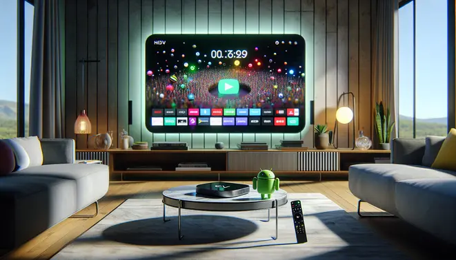 alt_text: A modern living room with a large Smart TV displaying a vibrant IPTV interface, an Android TV device, and a remote control.